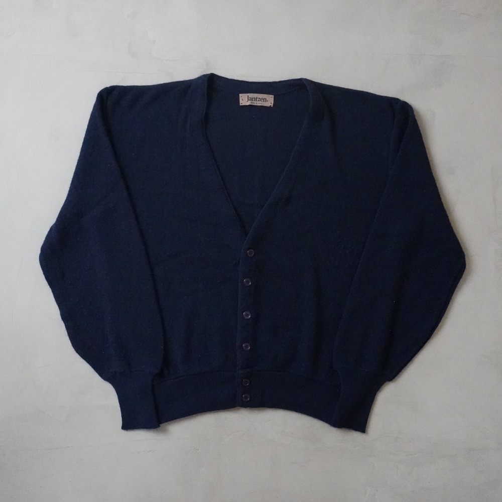 Vintage Jantzen Cardigan Sweater Large 80s Navy Blue V-Neck USA Made Knit